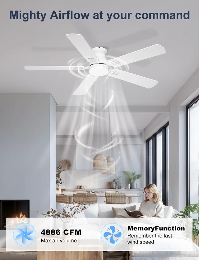 Alt view image 5 of 7 - 52'' Low Profile Ceiling Fan with Lights for Bedroom, Living Room App/Remote Control, Flush Mount, Space-Saving, Quiet DC Motor, 3CCT Dimmable, 6 Speeds Modern Overhead Fan for Low Ceilings