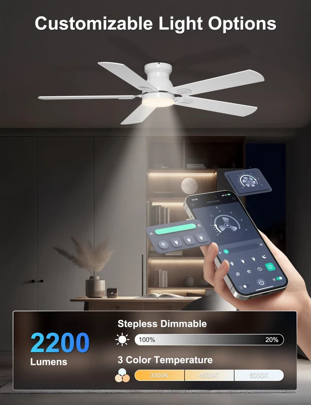 Alt view image 4 of 7 - 52'' Low Profile Ceiling Fan with Lights for Bedroom, Living Room App/Remote Control, Flush Mount, Space-Saving, Quiet DC Motor, 3CCT Dimmable, 6 Speeds Modern Overhead Fan for Low Ceilings