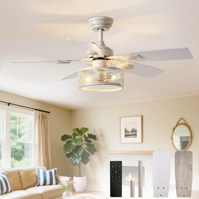 Main image of 42-Inch Ceiling Fans with Lights: Caged Ceiling Fans Dual Finish 5 Blades - Rustic Ceiling Fan with Remote Control for Farmhouse Living Room Outdoor Porch Noiseless (White Grey)