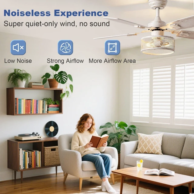 Alt view image 3 of 7 - 42-Inch Ceiling Fans with Lights: Caged Ceiling Fans Dual Finish 5 Blades - Rustic Ceiling Fan with Remote Control for Farmhouse Living Room Outdoor Porch Noiseless (White Grey)