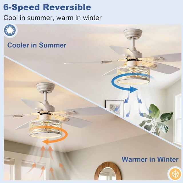 Alt view image 4 of 7 - 42-Inch Ceiling Fans with Lights: Caged Ceiling Fans Dual Finish 5 Blades - Rustic Ceiling Fan with Remote Control for Farmhouse Living Room Outdoor Porch Noiseless (White Grey)