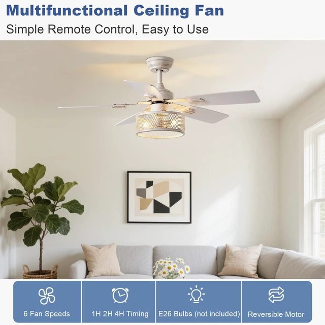 Alt view image 2 of 7 - 42-Inch Ceiling Fans with Lights: Caged Ceiling Fans Dual Finish 5 Blades - Rustic Ceiling Fan with Remote Control for Farmhouse Living Room Outdoor Porch Noiseless (White Grey)