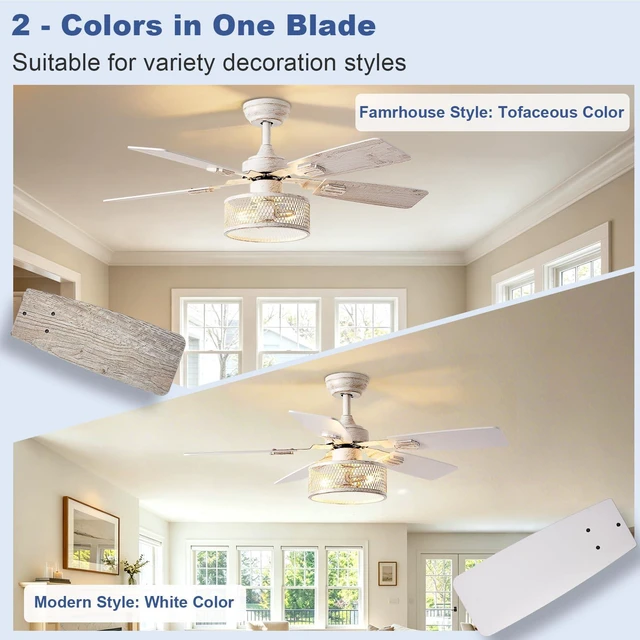 Alt view image 5 of 7 - 42-Inch Ceiling Fans with Lights: Caged Ceiling Fans Dual Finish 5 Blades - Rustic Ceiling Fan with Remote Control for Farmhouse Living Room Outdoor Porch Noiseless (White Grey)