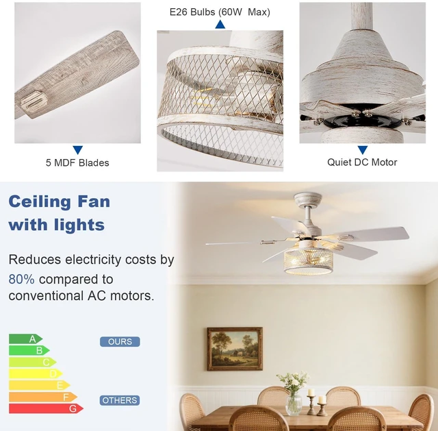 Alt view image 7 of 7 - 42-Inch Ceiling Fans with Lights: Caged Ceiling Fans Dual Finish 5 Blades - Rustic Ceiling Fan with Remote Control for Farmhouse Living Room Outdoor Porch Noiseless (White Grey)