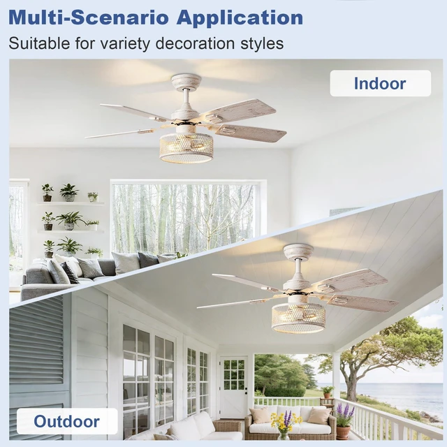 Alt view image 6 of 7 - 42-Inch Ceiling Fans with Lights: Caged Ceiling Fans Dual Finish 5 Blades - Rustic Ceiling Fan with Remote Control for Farmhouse Living Room Outdoor Porch Noiseless (White Grey)