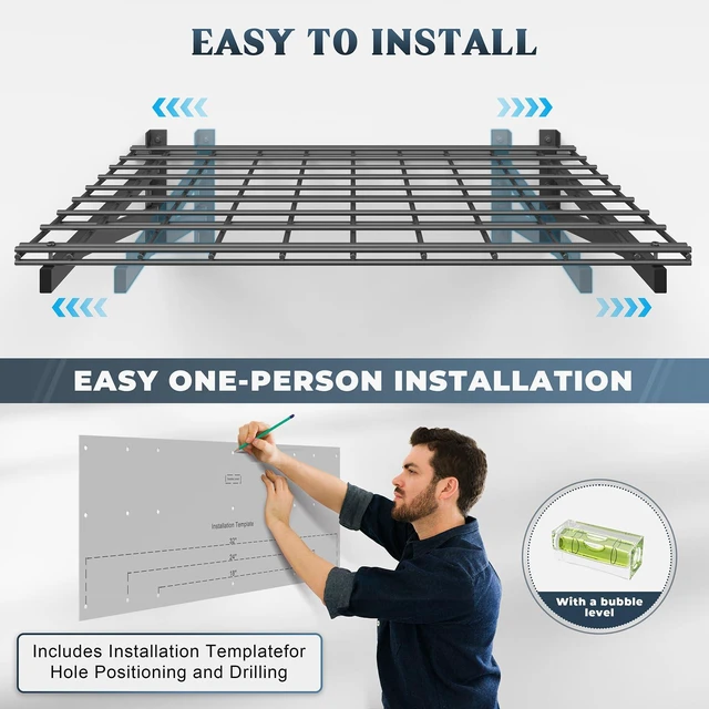 Alt view image 5 of 7 - 2 Pack Wall Mounted Garage Shelving, 2x3ft, 700lbs Integrated Grid Wall Mounted Floating Design, 24"x72" Storage Rack, No Splice Seamless Structure, Rustproof Black Coating for Garage Workshop