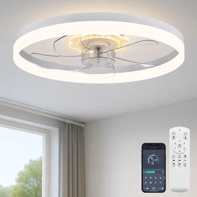 Main image of 20'' Ceiling Fan with Light and Remote,White Low Profile Fandelier 3-Color Night Light, 3000-6500K Dimmable LED, Flush Mount, Remote & App, 6 Speeds & Reverse, Memory, Timer, Quiet Bedroom Fan