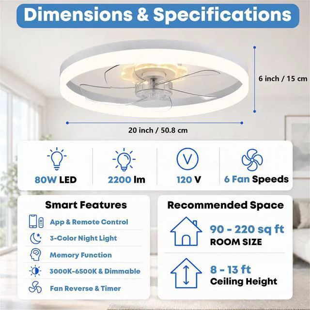 Alt view image 7 of 7 - 20'' Ceiling Fan with Light and Remote,White Low Profile Fandelier 3-Color Night Light, 3000-6500K Dimmable LED, Flush Mount, Remote & App, 6 Speeds & Reverse, Memory, Timer, Quiet Bedroom Fan