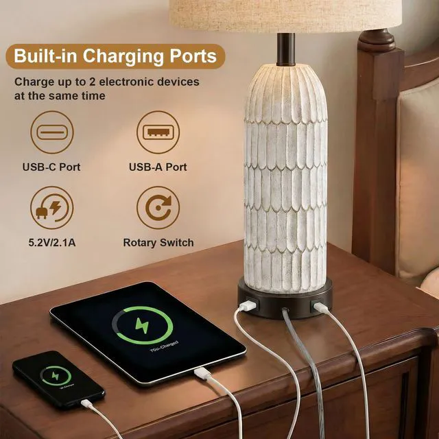 Alt view image 2 of 7 - 26.5" Bedside Table Lamps Set of 2, Farmhouse Table Lamp with USB A+C Charging Ports,Vintage Nightstand Lamp for Bedrooms and Living Rooms, Retro Resin End Table Lamp with Linen Shade,Black