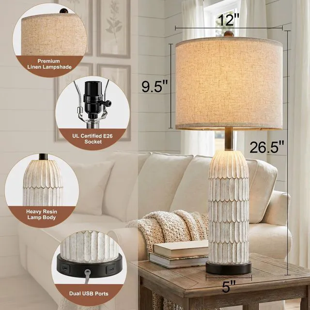 Alt view image 3 of 7 - 26.5" Bedside Table Lamps Set of 2, Farmhouse Table Lamp with USB A+C Charging Ports,Vintage Nightstand Lamp for Bedrooms and Living Rooms, Retro Resin End Table Lamp with Linen Shade,Black