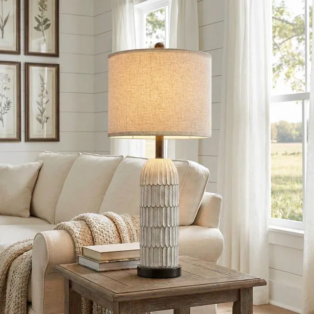 Alt view image 4 of 7 - 26.5" Bedside Table Lamps Set of 2, Farmhouse Table Lamp with USB A+C Charging Ports,Vintage Nightstand Lamp for Bedrooms and Living Rooms, Retro Resin End Table Lamp with Linen Shade,Black