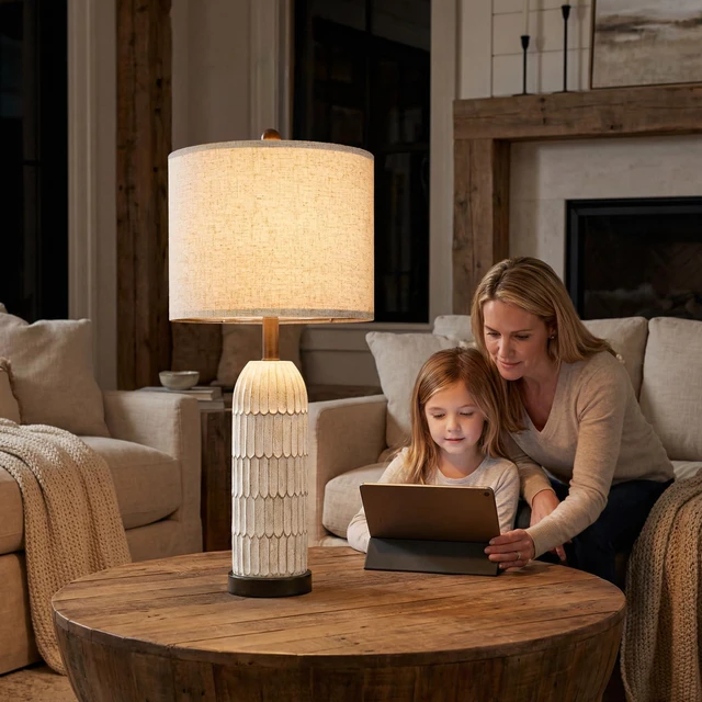 Alt view image 7 of 7 - 26.5" Bedside Table Lamps Set of 2, Farmhouse Table Lamp with USB A+C Charging Ports,Vintage Nightstand Lamp for Bedrooms and Living Rooms, Retro Resin End Table Lamp with Linen Shade,Black