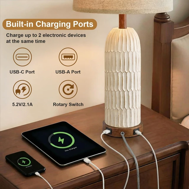 Alt view image 2 of 7 - 26.5" Bedside Table Lamps Set of 2, Farmhouse Table Lamp with USB A+C Charging Ports,Vintage Nightstand Lamp for Bedrooms and Living Rooms, Retro Resin End Table Lamp with Linen Shade, Brown