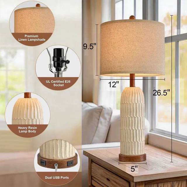 Alt view image 3 of 7 - 26.5" Bedside Table Lamps Set of 2, Farmhouse Table Lamp with USB A+C Charging Ports,Vintage Nightstand Lamp for Bedrooms and Living Rooms, Retro Resin End Table Lamp with Linen Shade, Brown