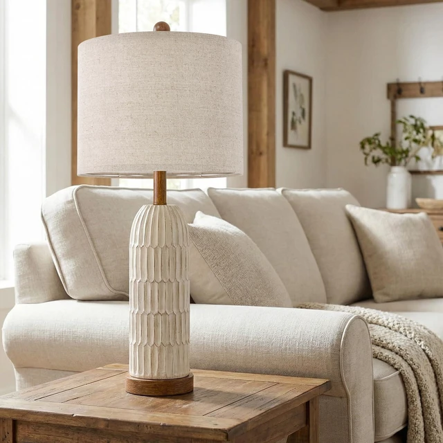Alt view image 4 of 7 - 26.5" Bedside Table Lamps Set of 2, Farmhouse Table Lamp with USB A+C Charging Ports,Vintage Nightstand Lamp for Bedrooms and Living Rooms, Retro Resin End Table Lamp with Linen Shade, Brown