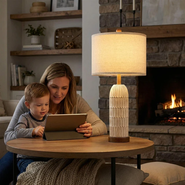 Alt view image 6 of 7 - 26.5" Bedside Table Lamps Set of 2, Farmhouse Table Lamp with USB A+C Charging Ports,Vintage Nightstand Lamp for Bedrooms and Living Rooms, Retro Resin End Table Lamp with Linen Shade, Brown