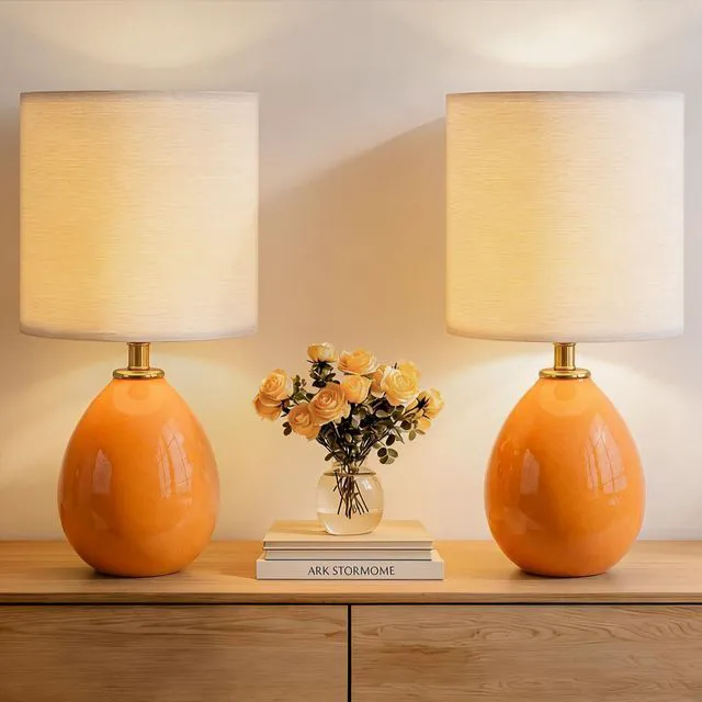 Main image of 17.7" Ceramic Table Lamps Set of 2 for Living Room Bedroom, Orange Bedside Lamps for Bedroom Nightstand, Ice Crackle Home Bedroom Living Room Decor, Linen Fabric Shade, 3-Color Temperature