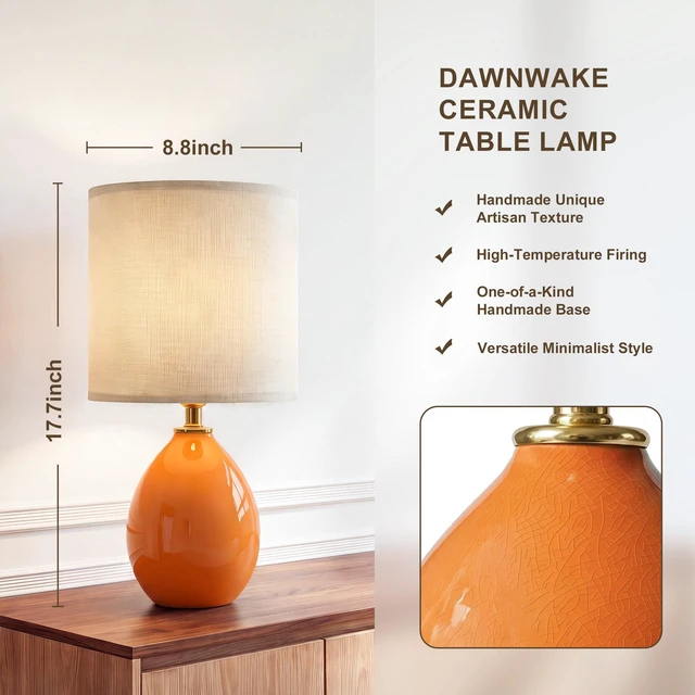 Alt view image 2 of 7 - 17.7" Ceramic Table Lamps Set of 2 for Living Room Bedroom, Orange Bedside Lamps for Bedroom Nightstand, Ice Crackle Home Bedroom Living Room Decor, Linen Fabric Shade, 3-Color Temperature