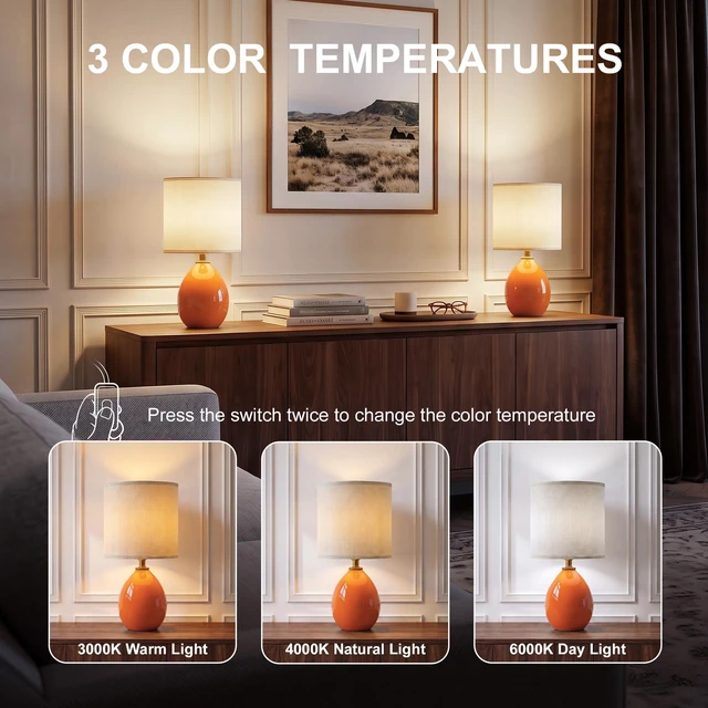 Alt view image 3 of 7 - 17.7" Ceramic Table Lamps Set of 2 for Living Room Bedroom, Orange Bedside Lamps for Bedroom Nightstand, Ice Crackle Home Bedroom Living Room Decor, Linen Fabric Shade, 3-Color Temperature