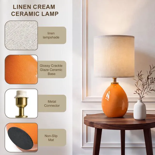 Alt view image 4 of 7 - 17.7" Ceramic Table Lamps Set of 2 for Living Room Bedroom, Orange Bedside Lamps for Bedroom Nightstand, Ice Crackle Home Bedroom Living Room Decor, Linen Fabric Shade, 3-Color Temperature
