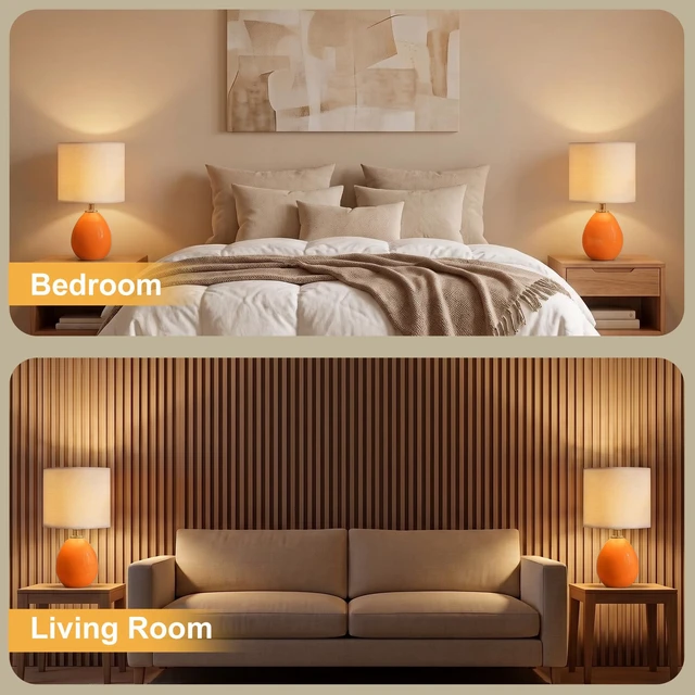 Alt view image 5 of 7 - 17.7" Ceramic Table Lamps Set of 2 for Living Room Bedroom, Orange Bedside Lamps for Bedroom Nightstand, Ice Crackle Home Bedroom Living Room Decor, Linen Fabric Shade, 3-Color Temperature