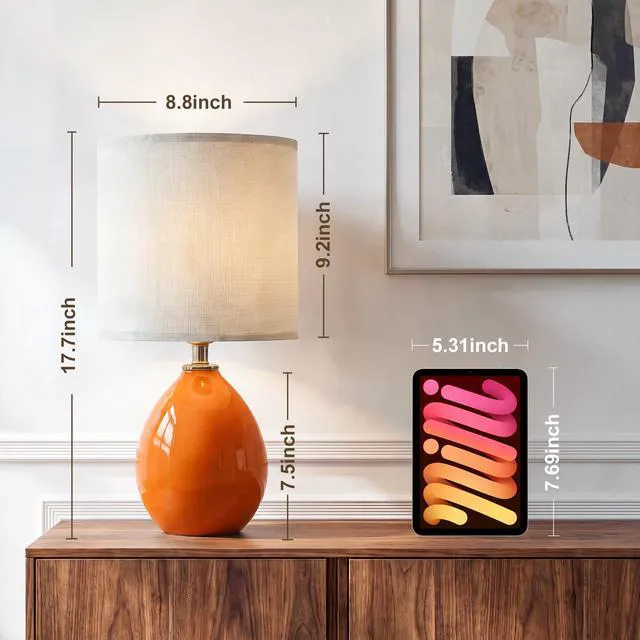 Alt view image 7 of 7 - 17.7" Ceramic Table Lamps Set of 2 for Living Room Bedroom, Orange Bedside Lamps for Bedroom Nightstand, Ice Crackle Home Bedroom Living Room Decor, Linen Fabric Shade, 3-Color Temperature