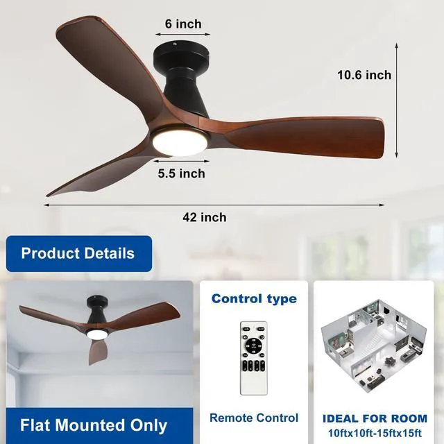Alt view image 5 of 7 - 42-Inch Ceiling Fans with Lights: Walnut 3 Blade Flush Mount Low Profile Ceiling Fan for Bedroom - Dimmable Indoor Outdoor Fan with Remote Control Ultra Quiet DC Motor Timer