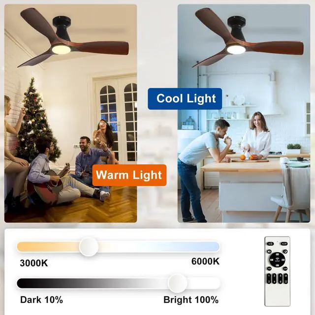 Alt view image 6 of 7 - 42-Inch Ceiling Fans with Lights: Walnut 3 Blade Flush Mount Low Profile Ceiling Fan for Bedroom - Dimmable Indoor Outdoor Fan with Remote Control Ultra Quiet DC Motor Timer