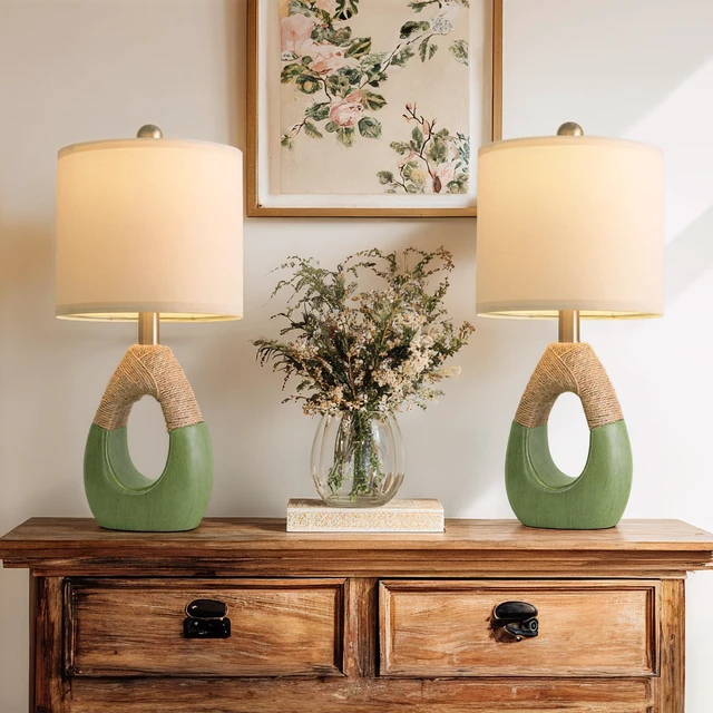 Main image of 19" Table Lamps Set of 2, Bedside Lamps for Living Room, Lamps for Bedroom, Farmhouse Rattan Table Lamp, Small Space Nightstand Lighting, Rustic Home Office Decor (Green, Bulb Not Included)
