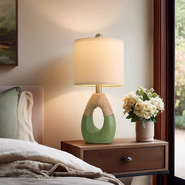 Alt view image 2 of 7 - 19" Table Lamps Set of 2, Bedside Lamps for Living Room, Lamps for Bedroom, Farmhouse Rattan Table Lamp, Small Space Nightstand Lighting, Rustic Home Office Decor (Green, Bulb Not Included)