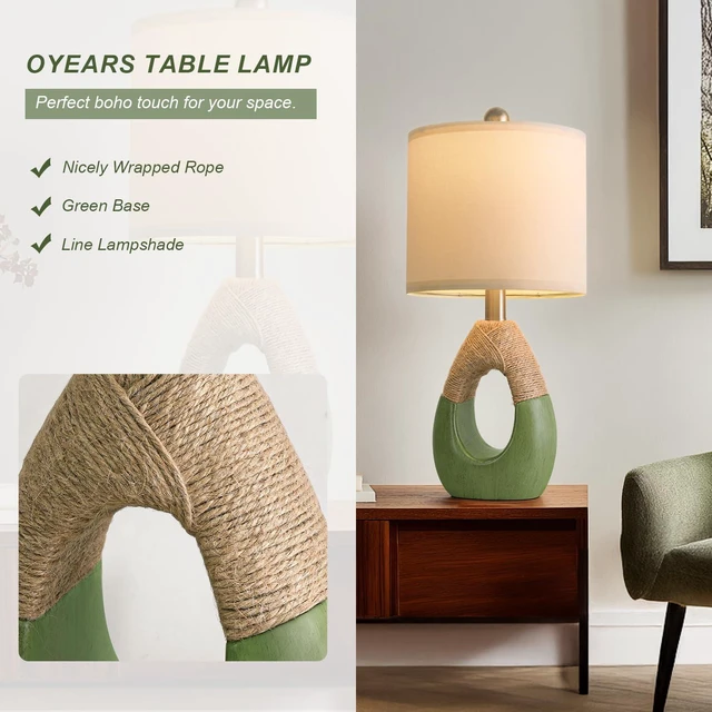 Alt view image 3 of 7 - 19" Table Lamps Set of 2, Bedside Lamps for Living Room, Lamps for Bedroom, Farmhouse Rattan Table Lamp, Small Space Nightstand Lighting, Rustic Home Office Decor (Green, Bulb Not Included)