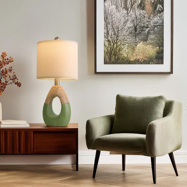 Alt view image 4 of 7 - 19" Table Lamps Set of 2, Bedside Lamps for Living Room, Lamps for Bedroom, Farmhouse Rattan Table Lamp, Small Space Nightstand Lighting, Rustic Home Office Decor (Green, Bulb Not Included)