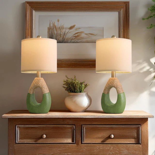 Alt view image 6 of 7 - 19" Table Lamps Set of 2, Bedside Lamps for Living Room, Lamps for Bedroom, Farmhouse Rattan Table Lamp, Small Space Nightstand Lighting, Rustic Home Office Decor (Green, Bulb Not Included)