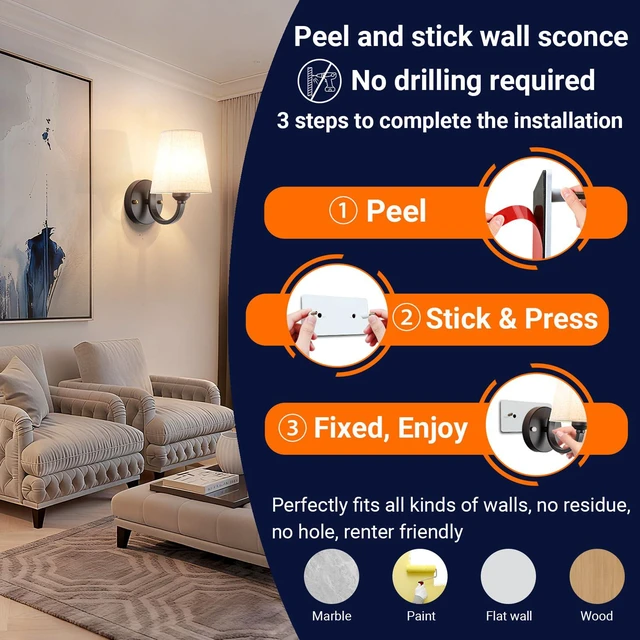 Alt view image 2 of 7 - Peel and Stick Wall Sconces, No Drilling Stick On Wall Sconce, Wireless Battery Operated Wall Lights, Adhesive Wall Lamp with 10000mAh Battery Bulb for Bedroom Living Room Decor