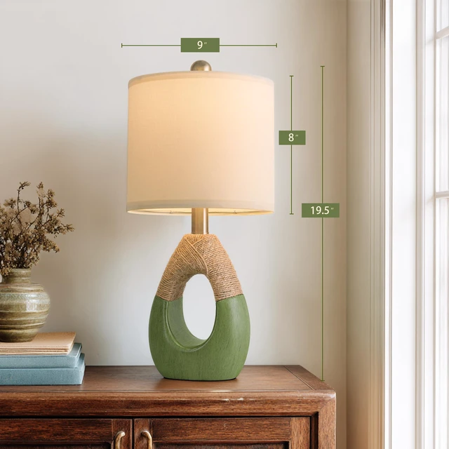 Alt view image 7 of 7 - 19" Table Lamps Set of 2, Bedside Lamps for Living Room, Lamps for Bedroom, Farmhouse Rattan Table Lamp, Small Space Nightstand Lighting, Rustic Home Office Decor (Green, Bulb Not Included)