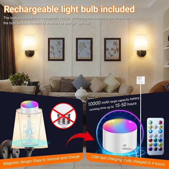 Alt view image 3 of 7 - Peel and Stick Wall Sconces, No Drilling Stick On Wall Sconce, Wireless Battery Operated Wall Lights, Adhesive Wall Lamp with 10000mAh Battery Bulb for Bedroom Living Room Decor
