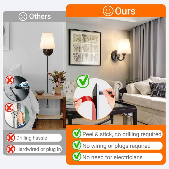 Alt view image 7 of 7 - Peel and Stick Wall Sconces, No Drilling Stick On Wall Sconce, Wireless Battery Operated Wall Lights, Adhesive Wall Lamp with 10000mAh Battery Bulb for Bedroom Living Room Decor