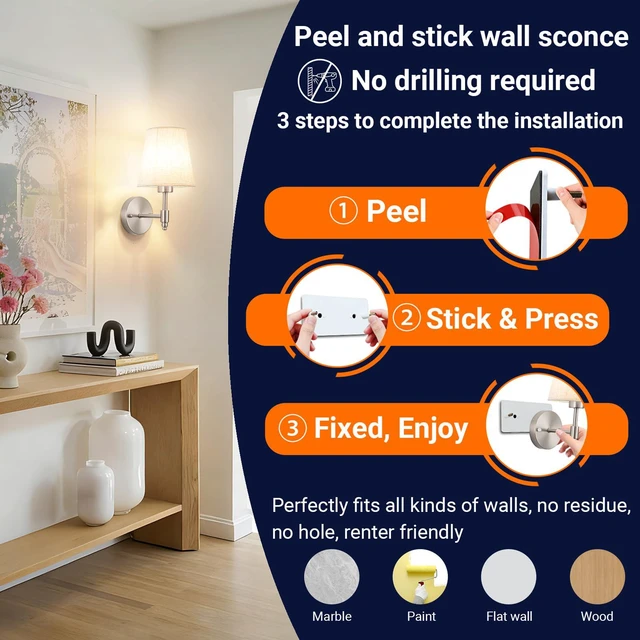 Alt view image 2 of 7 - Peel and Stick Wall Sconces, No Drilling Stick On Wall Sconce, Wireless Battery Operated Wall Lights, Adhesive Wall Lamp with 10000mAh Battery Bulb for Bedroom Living Room Decor