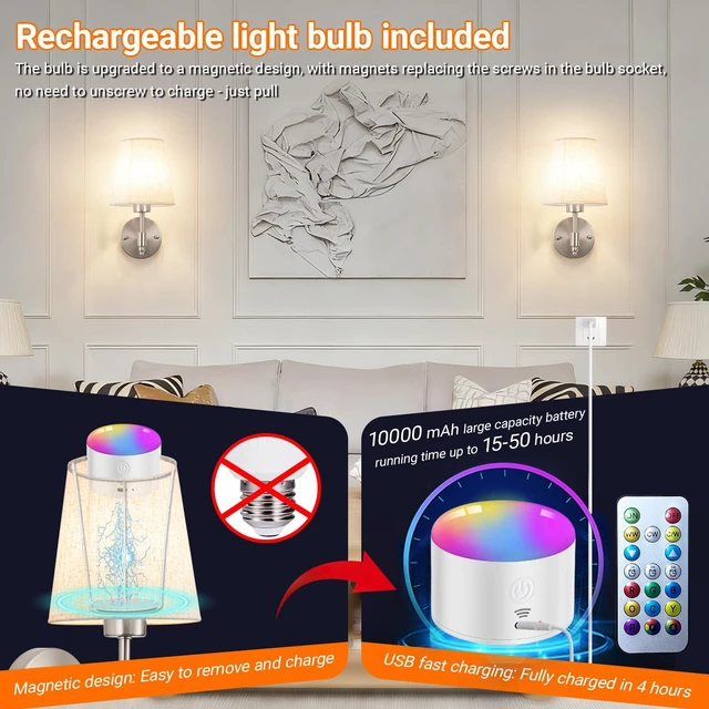 Alt view image 3 of 7 - Peel and Stick Wall Sconces, No Drilling Stick On Wall Sconce, Wireless Battery Operated Wall Lights, Adhesive Wall Lamp with 10000mAh Battery Bulb for Bedroom Living Room Decor