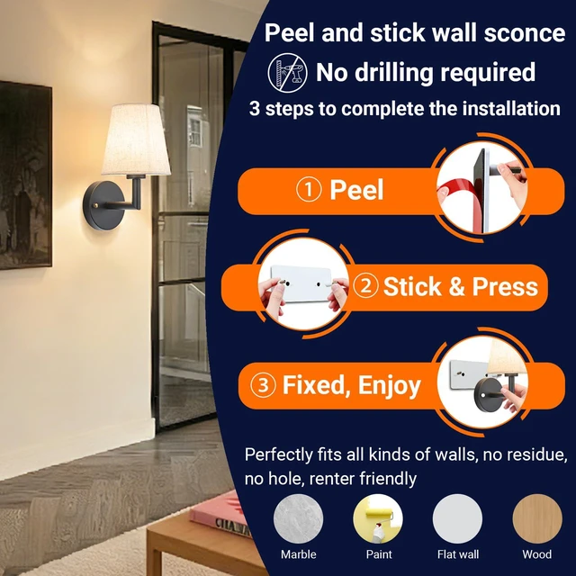 Alt view image 2 of 7 - Peel and Stick Wall Sconces, No Drilling Stick On Wall Sconce, Wireless Battery Operated Wall Lights, Adhesive Wall Lamp with 10000mAh Battery Bulb for Bedroom Living Room Decor