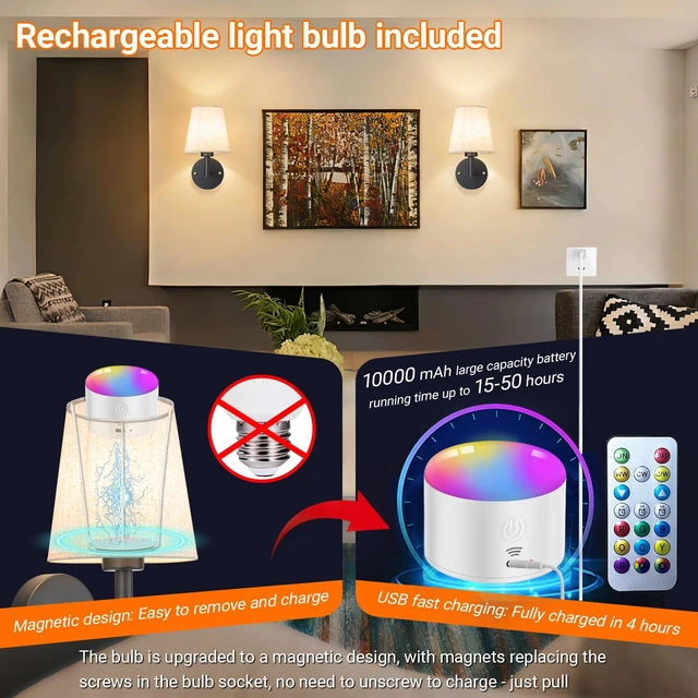 Alt view image 3 of 7 - Peel and Stick Wall Sconces, No Drilling Stick On Wall Sconce, Wireless Battery Operated Wall Lights, Adhesive Wall Lamp with 10000mAh Battery Bulb for Bedroom Living Room Decor