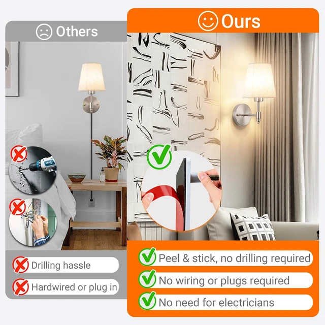 Alt view image 7 of 7 - Peel and Stick Wall Sconces, No Drilling Stick On Wall Sconce, Wireless Battery Operated Wall Lights, Adhesive Wall Lamp with 10000mAh Battery Bulb for Bedroom Living Room Decor