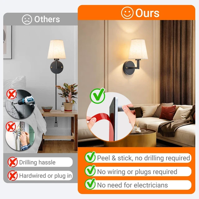 Alt view image 7 of 7 - Peel and Stick Wall Sconces, No Drilling Stick On Wall Sconce, Wireless Battery Operated Wall Lights, Adhesive Wall Lamp with 10000mAh Battery Bulb for Bedroom Living Room Decor