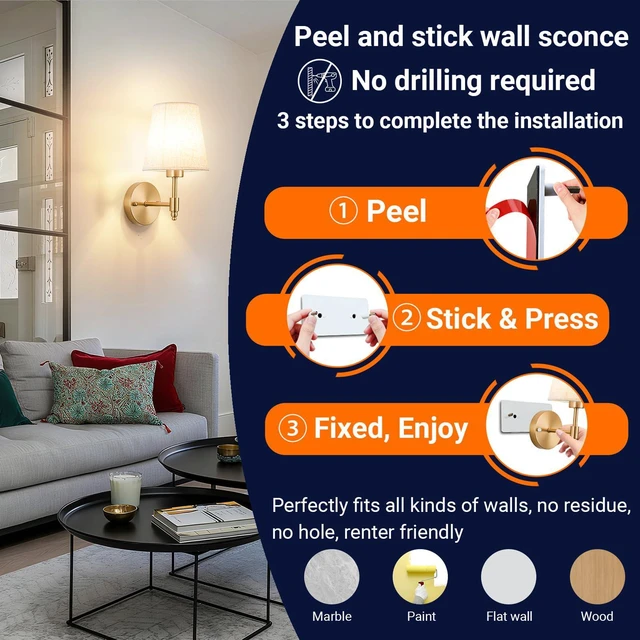 Alt view image 2 of 7 - Peel and Stick Wall Sconces, No Drilling Stick On Wall Sconce, Wireless Battery Operated Wall Lights, Adhesive Wall Lamp with 10000mAh Battery Bulb for Bedroom Living Room Decor