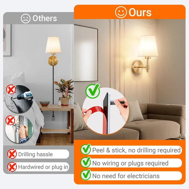 Alt view image 4 of 7 - Peel and Stick Wall Sconces, No Drilling Stick On Wall Sconce, Wireless Battery Operated Wall Lights, Adhesive Wall Lamp with 10000mAh Battery Bulb for Bedroom Living Room Decor