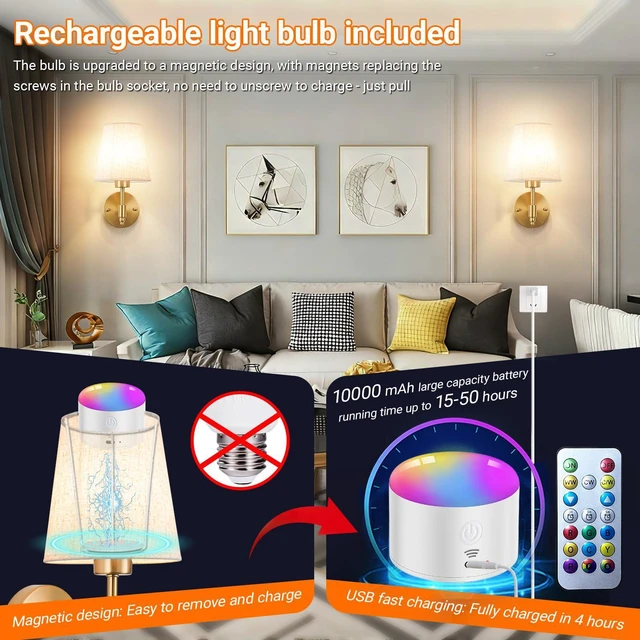 Alt view image 3 of 7 - Peel and Stick Wall Sconces, No Drilling Stick On Wall Sconce, Wireless Battery Operated Wall Lights, Adhesive Wall Lamp with 10000mAh Battery Bulb for Bedroom Living Room Decor
