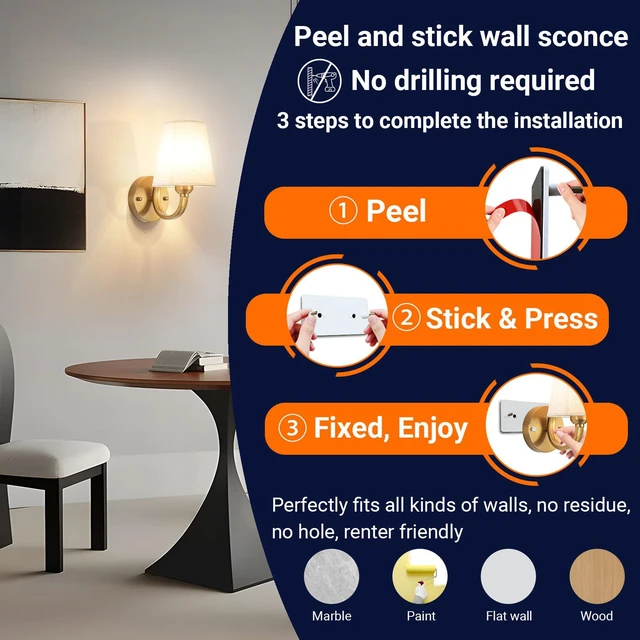 Alt view image 2 of 7 - Peel and Stick Wall Sconces, No Drilling Stick On Wall Sconce, Wireless Battery Operated Wall Lights, Adhesive Wall Lamp with 10000mAh Battery Bulb for Bedroom Living Room Decor