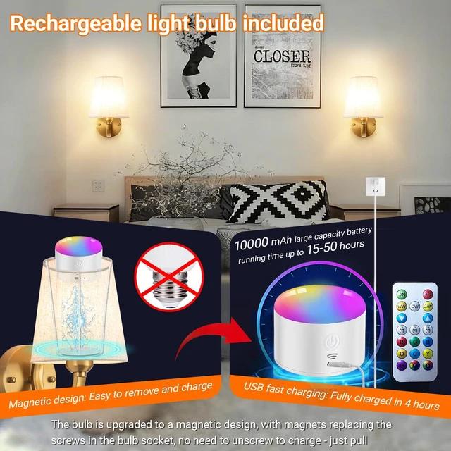 Alt view image 3 of 7 - Peel and Stick Wall Sconces, No Drilling Stick On Wall Sconce, Wireless Battery Operated Wall Lights, Adhesive Wall Lamp with 10000mAh Battery Bulb for Bedroom Living Room Decor