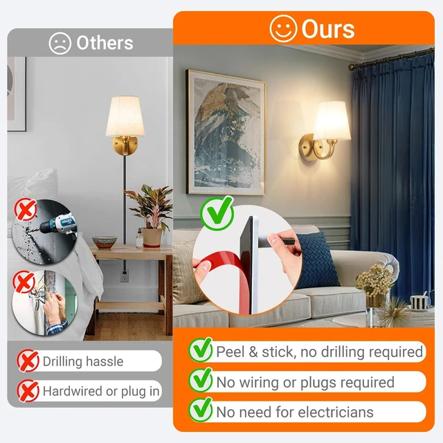 Alt view image 7 of 7 - Peel and Stick Wall Sconces, No Drilling Stick On Wall Sconce, Wireless Battery Operated Wall Lights, Adhesive Wall Lamp with 10000mAh Battery Bulb for Bedroom Living Room Decor