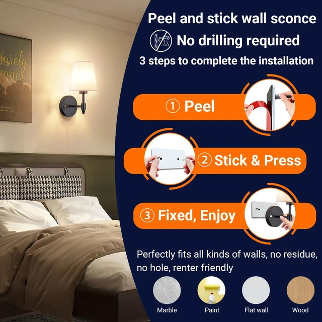 Alt view image 2 of 7 - Peel and Stick Wall Sconces, No Drilling Stick On Wall Sconce, Wireless Battery Operated Wall Lights, Adhesive Wall Lamp with 10000mAh Battery Bulb for Bedroom Living Room Decor